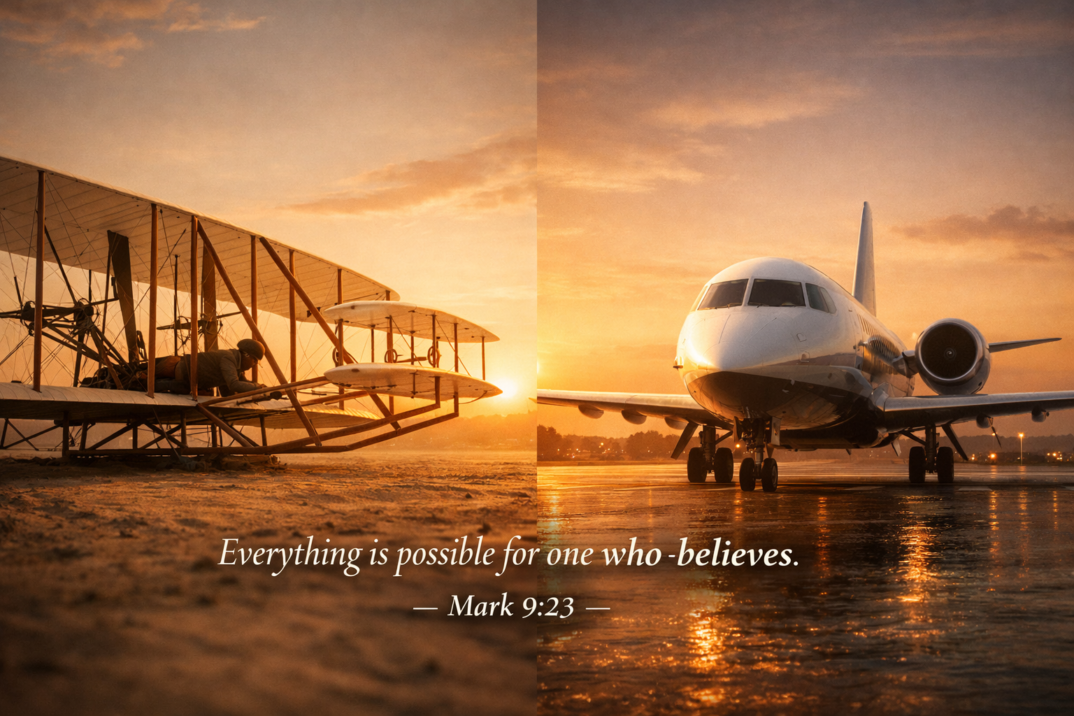 Wright brothers aircraft beside a modern jet in split composition with Mark 9:23 verse about everything being possible for one who believes